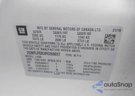 2015 Chevrolet Equinox 1Lt z USA, uszkodzony, nr VIN 2GNFLFEK3F6268837